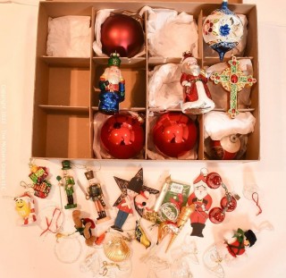 Group of Ornaments Including Large Hand Blown Glass Figural. 