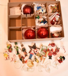 Group of Ornaments Including Large Hand Blown Glass Figural. 