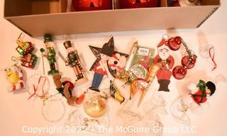 Group of Ornaments Including Large Hand Blown Glass Figural. 