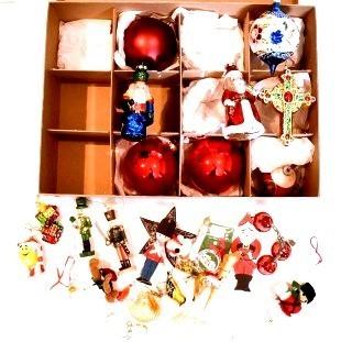 Group of Ornaments Including Large Hand Blown Glass Figural. 