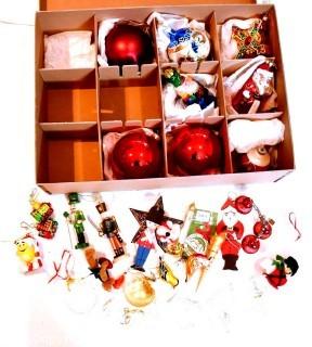 Group of Ornaments Including Large Hand Blown Glass Figural. 