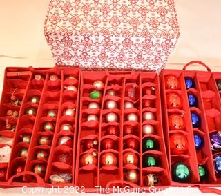 Glass Christmas Ornaments in Fabric Covered Storage Case with Pull Out Tiers.  