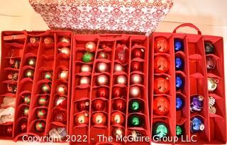 Glass Christmas Ornaments in Fabric Covered Storage Case with Pull Out Tiers.  