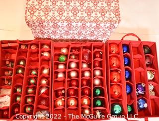 Glass Christmas Ornaments in Fabric Covered Storage Case with Pull Out Tiers.  