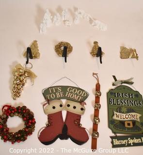 Group of Christmas Holiday Decorations Including Porcelain Nativity Creche by Fitz & Floyd and Stocking Hangers by Virginia Metalcrafters