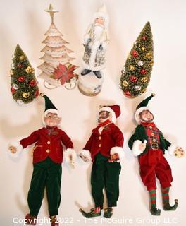 Group of Christmas Holiday Decorations Including Brush Trees and Elves. 