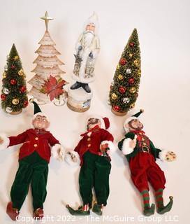 Group of Christmas Holiday Decorations Including Brush Trees and Elves. 