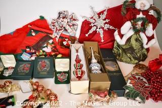 Group of Christmas Holiday Decorations Including Felt Advent Calendar, Tree Skirt, Waterford Marquis Crystal Ornaments and Glass Tree Toppers.