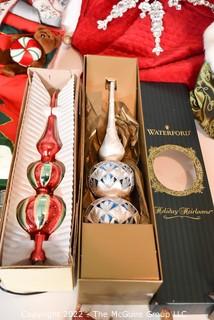 Group of Christmas Holiday Decorations Including Felt Advent Calendar, Tree Skirt, Waterford Marquis Crystal Ornaments and Glass Tree Toppers.