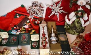 Group of Christmas Holiday Decorations Including Felt Advent Calendar, Tree Skirt, Waterford Marquis Crystal Ornaments and Glass Tree Toppers.