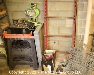 Scaffolding, work light, sawhorses, router table, tablesaw blades and truck hitch.  There are additional cross beams for scaffolding in Lot 120A  