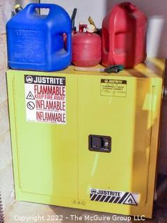 JUSTRITE Flammable Locking Cabinet and (3) Fuel Cans. Measures 36 x 24 x 36"T