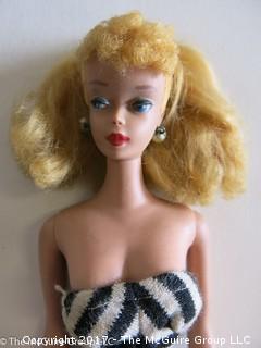 Stage 4 Barbie (T.M.) (Patent Pending) Blonde original bathing suit, generic travel box (intact). Look at all photos...you know what you are looking for.