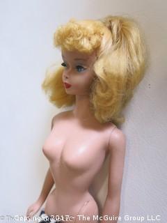 Stage 4 Barbie (T.M.) (Patent Pending) Blonde original bathing suit, generic travel box (intact). Look at all photos...you know what you are looking for.