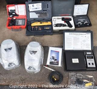 Assortment of Testing Meters, Soap Dispensers and Soldering Iron. 