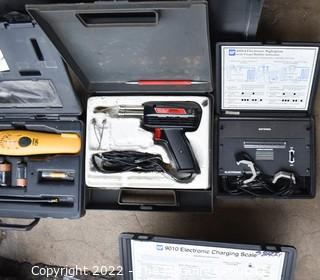 Assortment of Testing Meters, Soap Dispensers and Soldering Iron. 