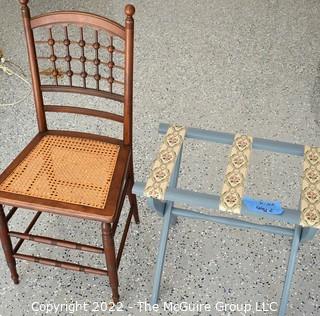 Oak Spindle Back and Cane Seat Side Chair and Luggage Rack