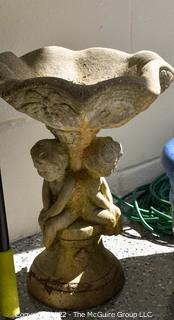 Garden Items Including Cement Bird Bath and Pineapple Wall Plaque, Planter, Wicker Stool Etc.