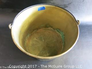 Large brass fireplace bucket ; maker mark stamped on base; 15" diameter at top rim x 10"T 