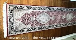 Wool Hand Woven Medallion Center Runner Rug on Red Ground. Measures 31" x 136".