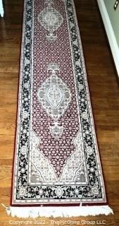 Wool Hand Woven Medallion Center Runner Rug on Red Ground. Measures 31" x 136".