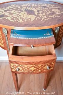 Louis XVI Style Marquetry Side Table with Tulip Wood Inlay, Metal Decoration, Gilt Embossed Florentine Leather Lined Pull out Tray and Drawer.  One of pair being offered.  14" x 21" x 31"T