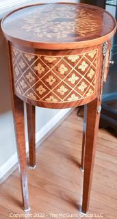 Louis XVI Style Marquetry Side Table with Tulip Wood Inlay, Metal Decoration, Gilt Embossed Florentine Leather Lined Pull out Tray and Drawer.  One of pair being offered.  14" x 21" x 31"T