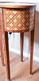 Louis XVI Style Marquetry Side Table with Tulip Wood Inlay, Metal Decoration, Gilt Embossed Florentine Leather Lined Pull out Tray and Drawer.  One of pair being offered.  14" x 21" x 31"T