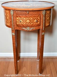 Louis XVI Style Marquetry Side Table with Tulip Wood Inlay, Metal Decoration, Gilt Embossed Florentine Leather Lined Pull out Tray and Drawer.  One of pair being offered.  14" x 21" x 31"T