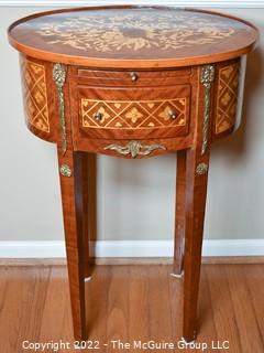 Louis XVI Style Marquetry Side Table with Tulip Wood Inlay, Metal Decoration, Gilt Embossed Florentine Leather Lined Pull out Tray and Drawer.  One of pair being offered.  14" x 21" x 31"T