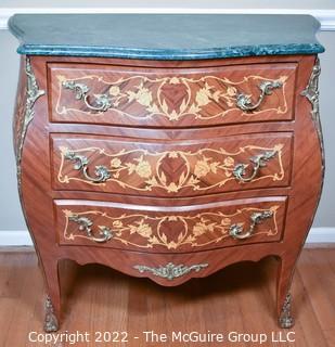 Louis XVI Style Marquetry Bombé Three Drawer Commode with Tulip Wood Inlay, Bronze Mounts and Marble Top.  17"D x 35"W x 33"T