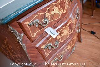 Louis XVI Style Marquetry Bombé Three Drawer Commode with Tulip Wood Inlay, Bronze Mounts and Marble Top.  17"D x 35"W x 33"T