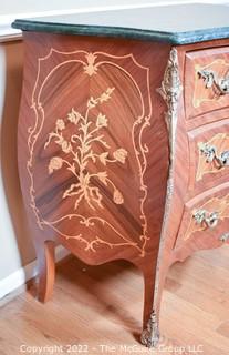 Louis XVI Style Marquetry Bombé Three Drawer Commode with Tulip Wood Inlay, Bronze Mounts and Marble Top.  17"D x 35"W x 33"T