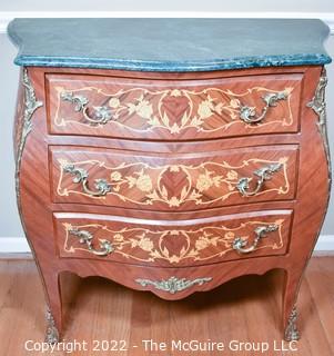 Louis XVI Style Marquetry Bombé Three Drawer Commode with Tulip Wood Inlay, Bronze Mounts and Marble Top.  17"D x 35"W x 33"T