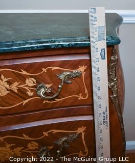 Louis XVI Style Marquetry Bombé Three Drawer Commode with Tulip Wood Inlay, Bronze Mounts and Marble Top.  17"D x 35"W x 33"T