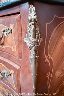 Louis XVI Style Marquetry Bombé Three Drawer Commode with Tulip Wood Inlay, Bronze Mounts and Marble Top.  17"D x 35"W x 33"T