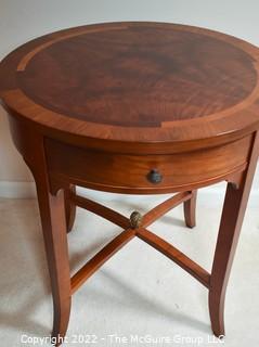 Bombay Company Round Bookmatched Veneer Side Table with Tapered Legs and Four Small Sliver Drawers.  24"D x 26"T.