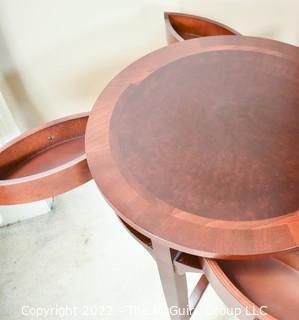 Bombay Company Round Bookmatched Veneer Side Table with Tapered Legs and Four Small Sliver Drawers.  24"D x 26"T.