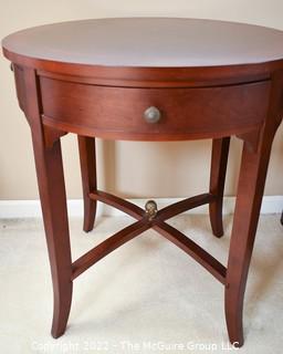 Bombay Company Round Bookmatched Veneer Side Table with Tapered Legs and Four Small Sliver Drawers.  24"D x 26"T.