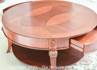 Round Bookmatched Veneer Coffee Table Two Drawers and Shelf. 40"D x 20"T.