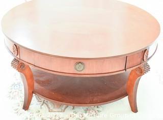 Round Bookmatched Veneer Coffee Table Two Drawers and Shelf. 40"D x 20"T.