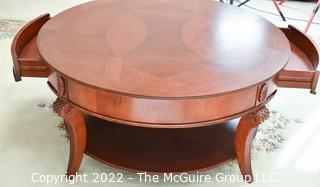 Round Bookmatched Veneer Coffee Table Two Drawers and Shelf. 40"D x 20"T.