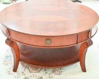 Round Bookmatched Veneer Coffee Table Two Drawers and Shelf. 40"D x 20"T.