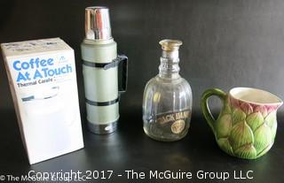 Collection including Stanley thermos, NIB coffee carafe, Italian ceramic pitcher and vintage Jack Daniels bottle 