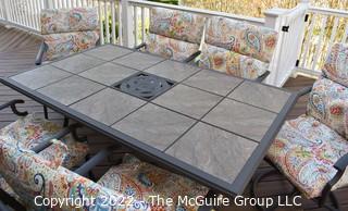 Black Aluminum Frame Patio Tile Insert Table with Six (6) Matching Chairs, New Cushions and Extra Large Zippered Storage Bag. Table measures 28"T x 40"W x 61"L,