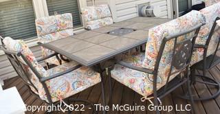 Black Aluminum Frame Patio Tile Insert Table with Six (6) Matching Chairs, New Cushions and Extra Large Zippered Storage Bag. Table measures 28"T x 40"W x 61"L,