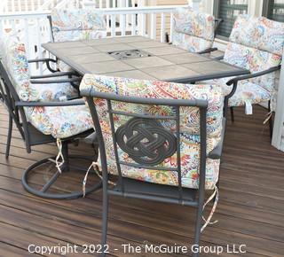 Black Aluminum Frame Patio Tile Insert Table with Six (6) Matching Chairs, New Cushions and Extra Large Zippered Storage Bag. Table measures 28"T x 40"W x 61"L,