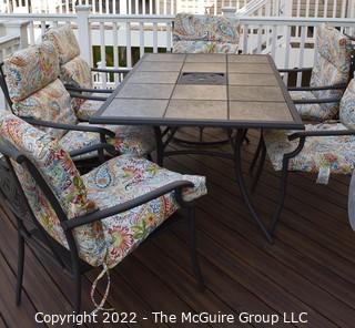 Black Aluminum Frame Patio Tile Insert Table with Six (6) Matching Chairs, New Cushions and Extra Large Zippered Storage Bag. Table measures 28"T x 40"W x 61"L,