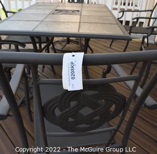 Black Aluminum Frame Patio Tile Insert Table with Six (6) Matching Chairs, New Cushions and Extra Large Zippered Storage Bag. Table measures 28"T x 40"W x 61"L,