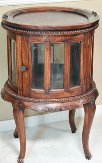 Mahogany Round Beveled Glass Vitrine or Liquor Cabinet with Tray Top Insert. 18" D x 30"T.